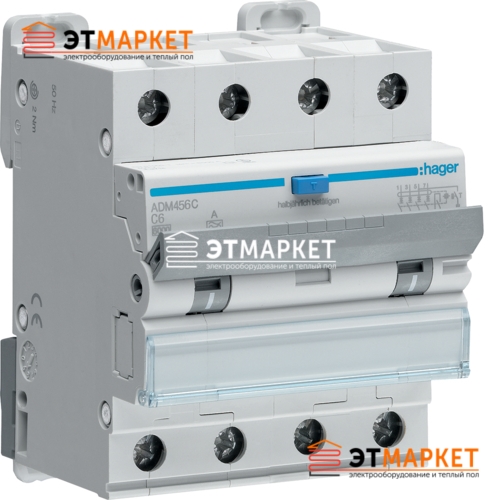 Диффавтомат Hager ADM456C, 4P, 6А, С, С6 кА, A, 30mA - et-market.com.ua Диффавтомат Hager ADM456C, 4P, 6А, С, С6 кА, A, 30mA